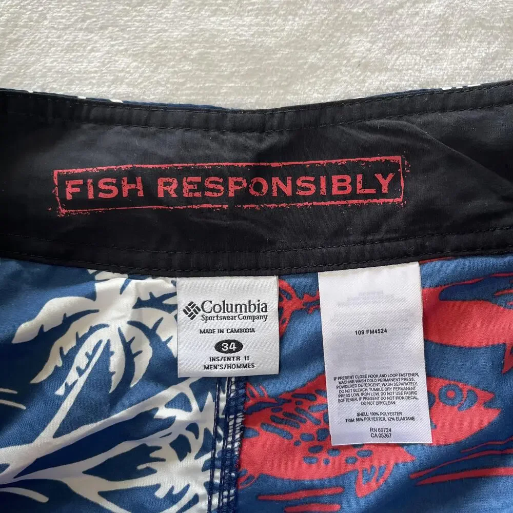 Columbia PFG Board Shorts Mens 34 Blue Fish Floral Swim Trunks UPF 30 Tropical